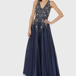 Adrianna Papell Navy Beaded Mesh V-neck Gown - Size 6